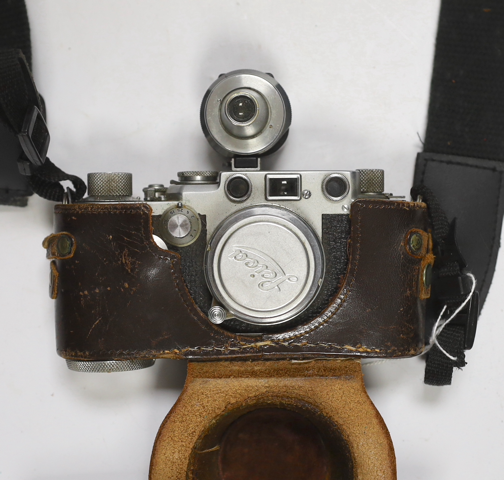 A Leica IIf camera, serial no. 577837, c. 1952-3, with Leitz Vidom viewfinder, Summar f+5cm 1.2 lens, in leather case with replacement strap